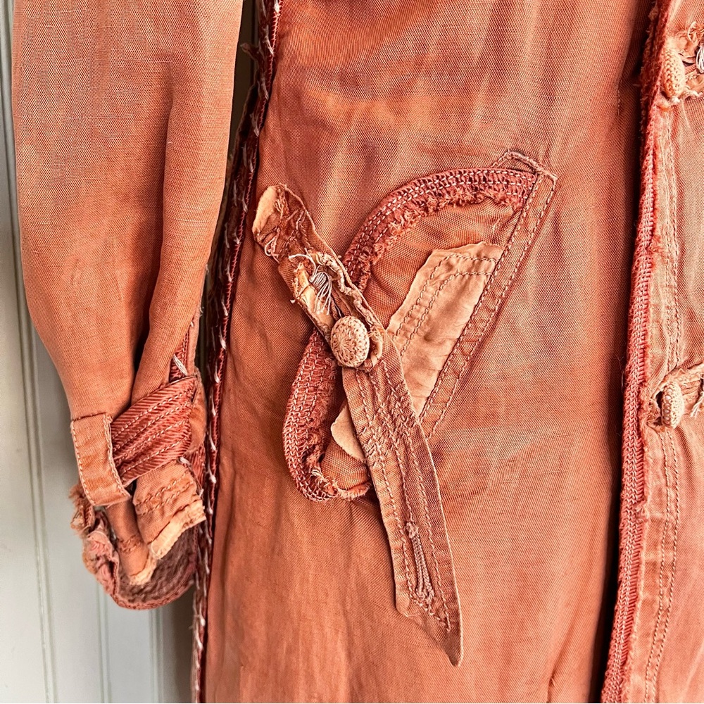 Shangana Hanmade Linen Patchwork Exposed Stitch Mid Length Duster Trench Coat - Picture 7 of 15